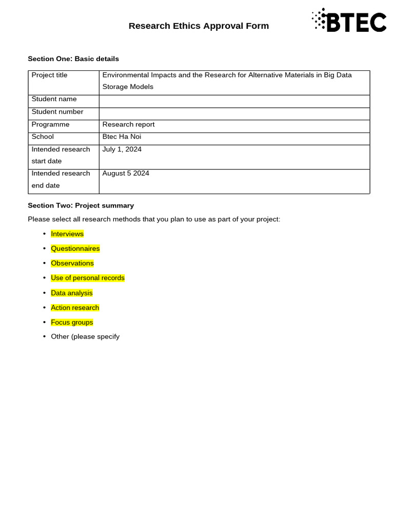 Research Ethics Approval Form Example | PDF | Information Privacy | Consent