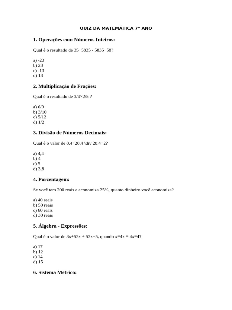 Quiz de Matemática 7º Ano | PDF