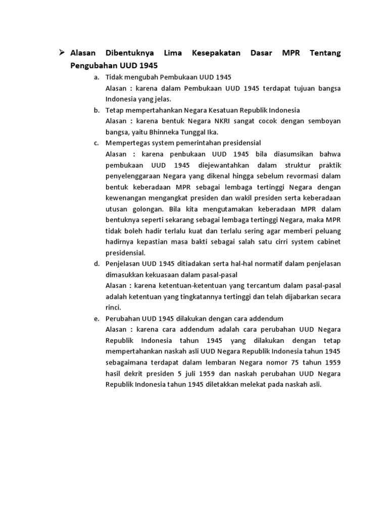 Alasan Dibentuknya Lima Kesepakatan Dasar Mpr Tentang Pengubahan Uud 1945