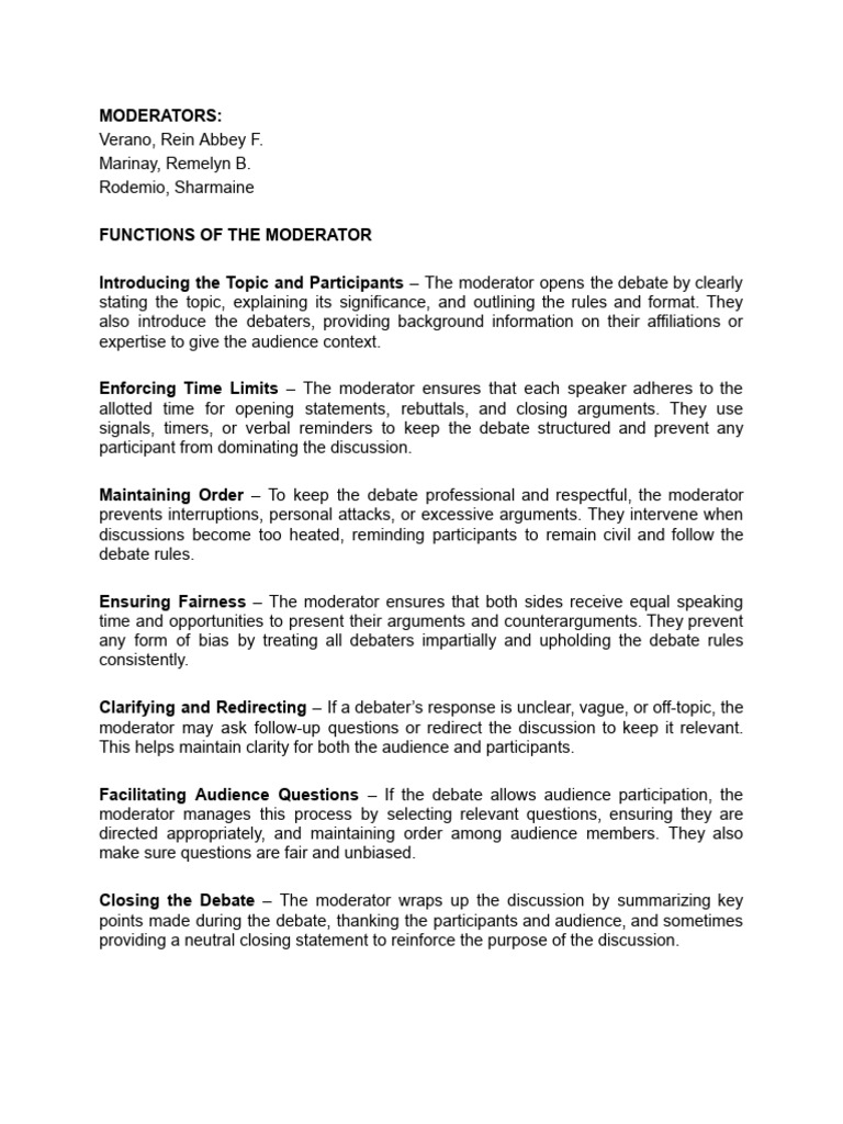 Moderator Functions in Debate Management | PDF