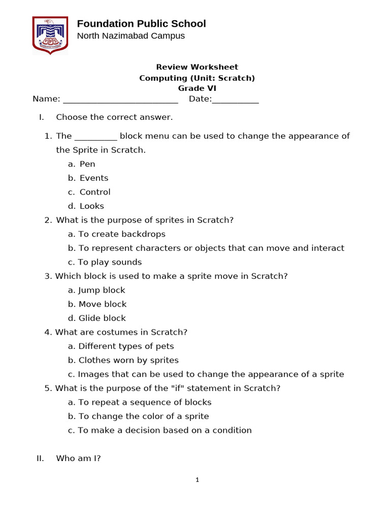 Scratch Worksheet for Grade VI | PDF | Scratch (Programming Language)