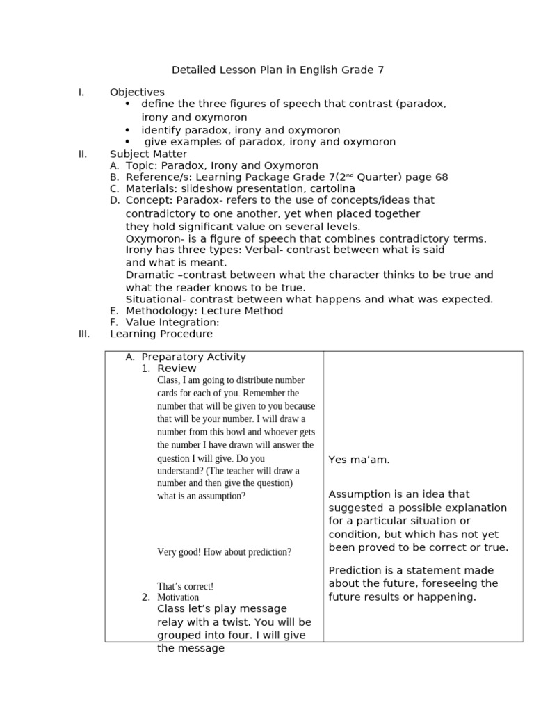 Grade 7 Figures of Speech Lesson Plan | PDF | Irony | Paradox