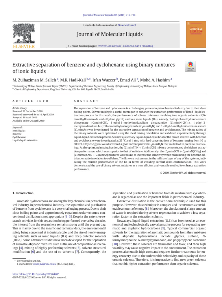 Ionic Liquids for Benzene-Cyclohexane Separation | PDF | Solvent | Benzene