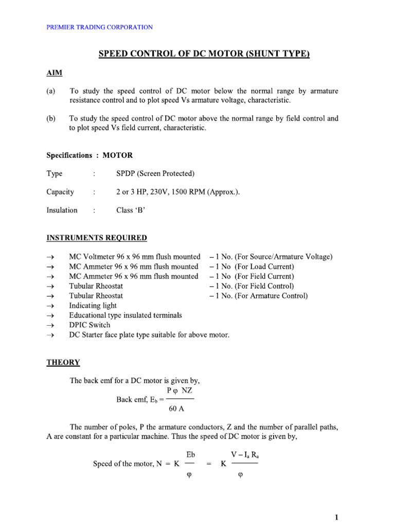 Speed Contro of DC Shunt Motor | PDF