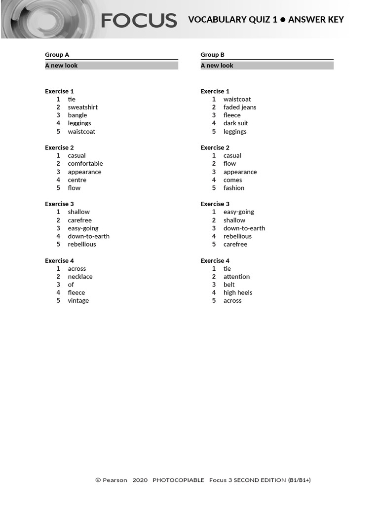 Focus 3 Unit 1 Vocabulary Quiz Key | PDF