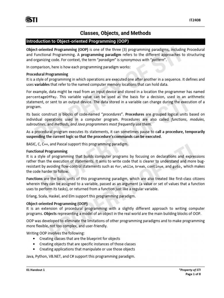Comprog Handout 1 Sem-2 | PDF | Object Oriented Programming | Class ...
