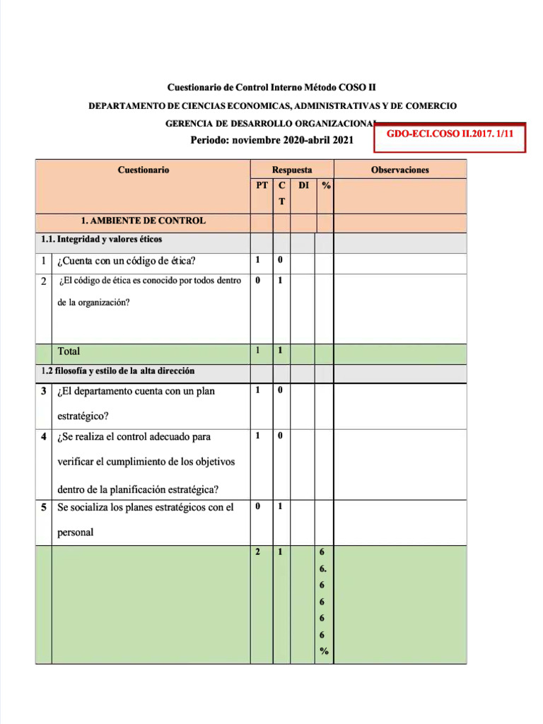 PDF Cuestionario de Control Interno Metodo Coso Erm - Compress | PDF
