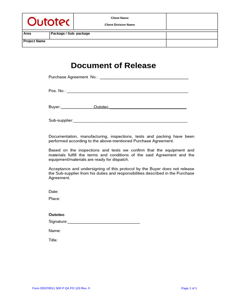 DD070011 S00 P QA FO 123 Document of Release | PDF