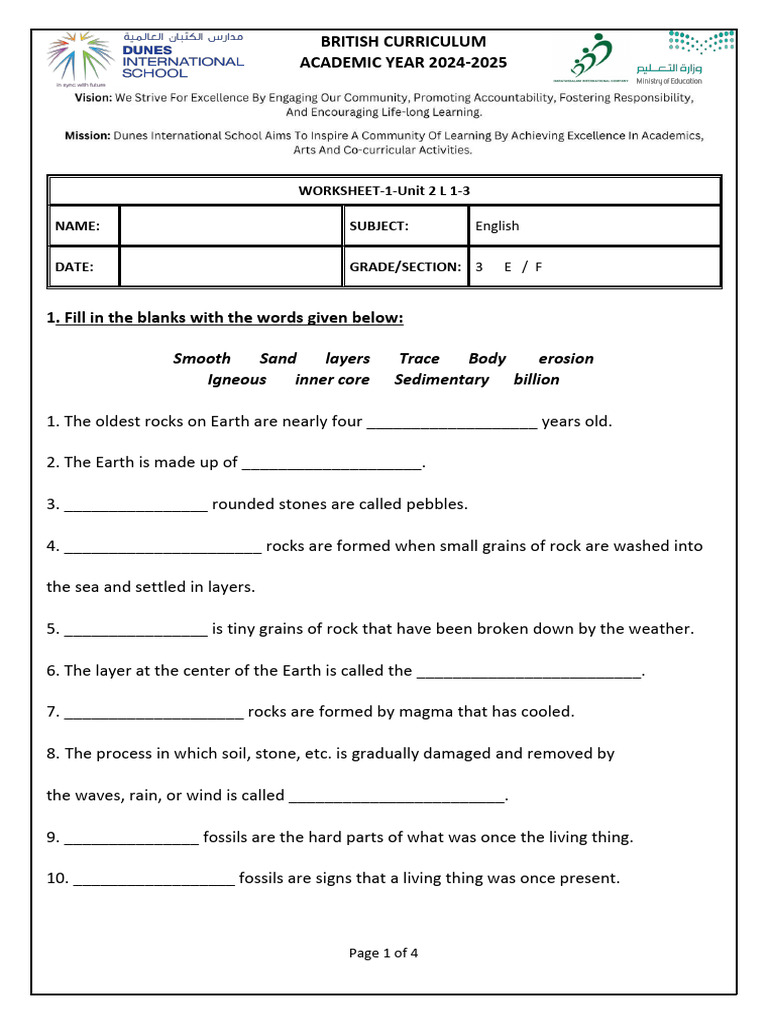 Term 3 G-3-Science - Worksheet 1 | PDF | Rock (Geology) | Sedimentary Rock