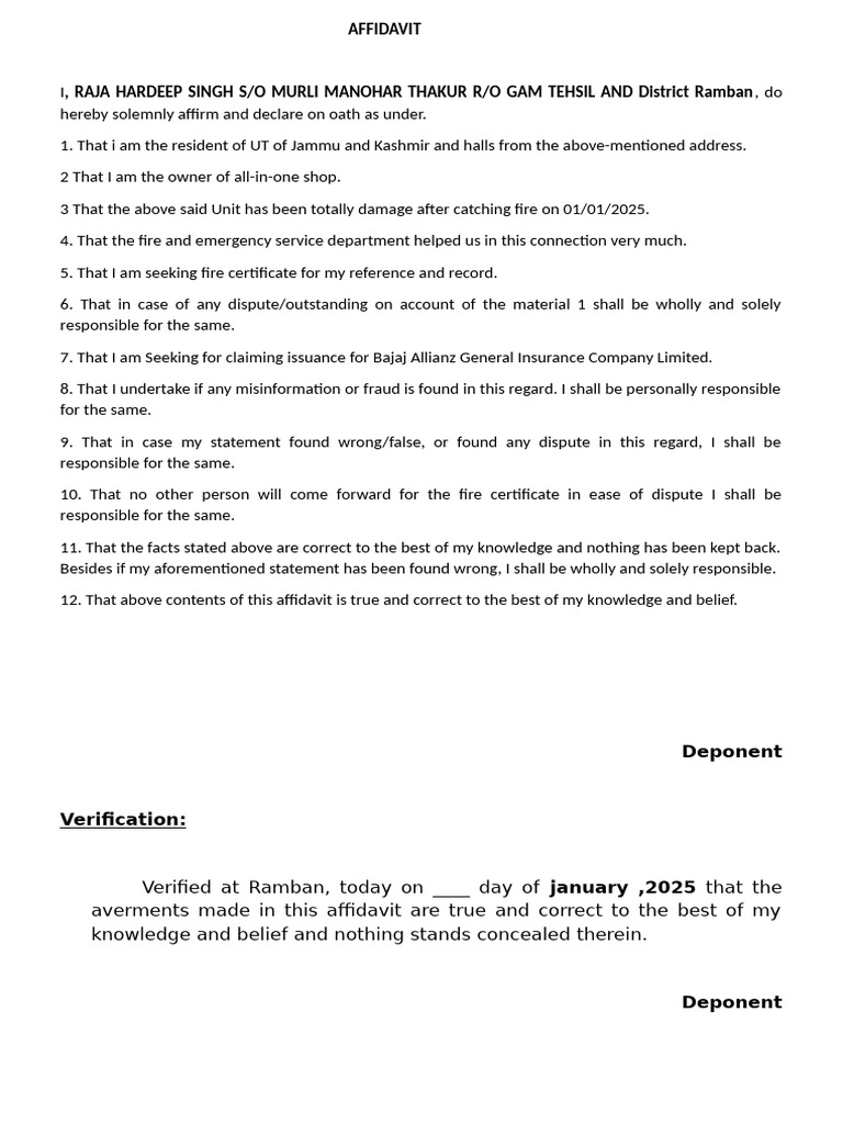 Fire Affidavit for Insurance Claim | PDF