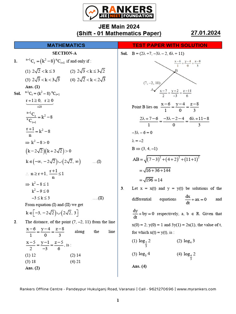 JEE Main 2024 Mathematics Test Solutions | PDF | Matrix (Mathematics ...