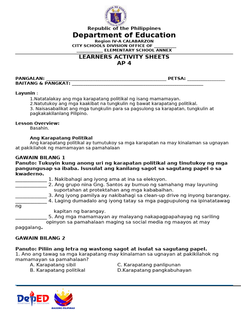 Learners Activity Sheets AP 4 | PDF