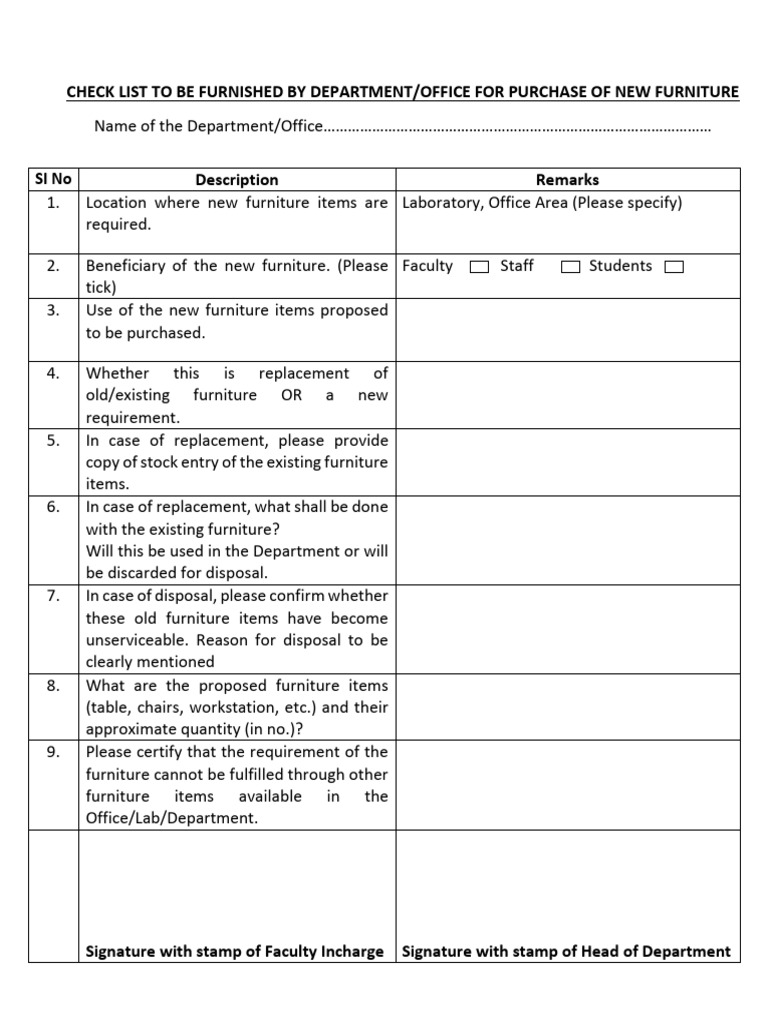 Furniture Purchase Checklist | PDF