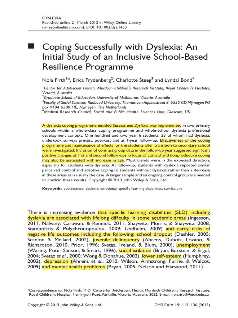 Dyslexia Coping Program Study Results | PDF | Dyslexia | Teachers