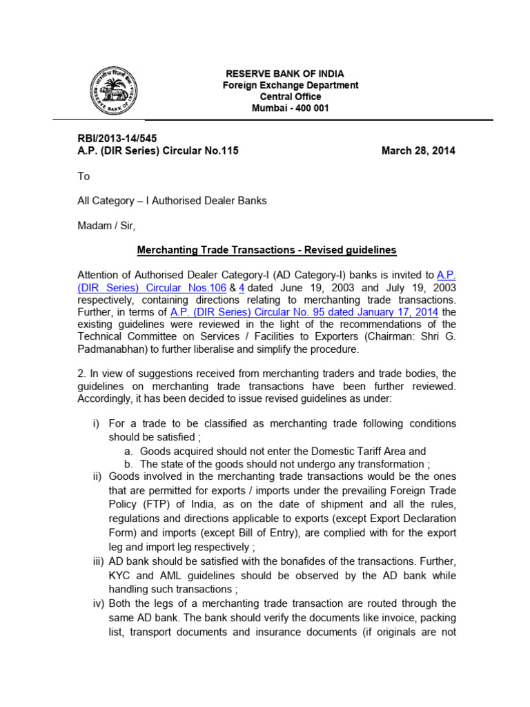 Revised Guidelines for Merchanting Trade | PDF | Reserve Bank Of India ...