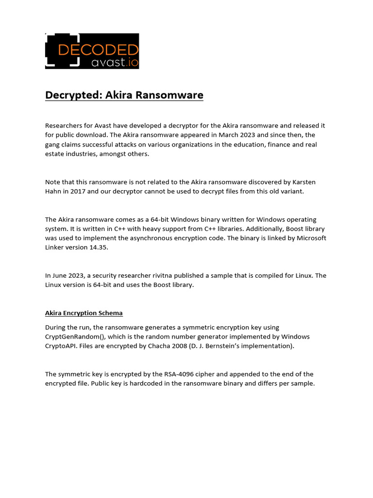 Avast Decryptor for Akira Ransomware | PDF | Ransomware | Computer File