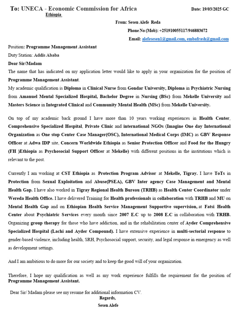 Application for Programme Management Assistant | PDF | Ethiopia ...