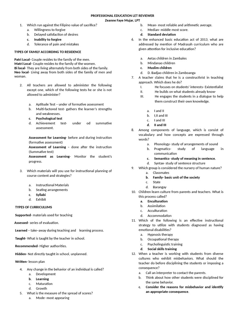 Professional Education LET Reviewer | PDF | Curriculum | Educational ...