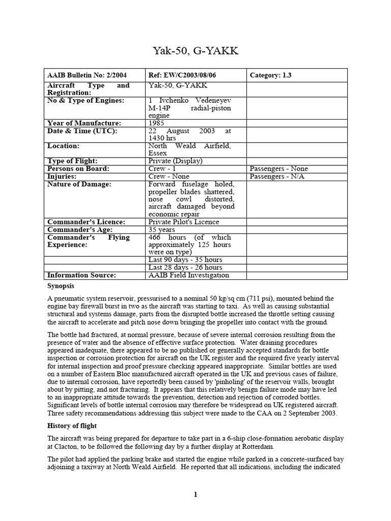 Yak-50 G-YAKK Incident Report 2003 | PDF | Corrosion | Aircraft