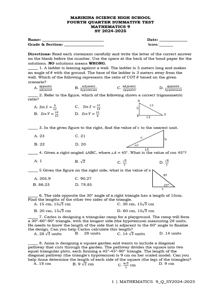 Marikina Science High School Math 9 Test | PDF | Trigonometric ...