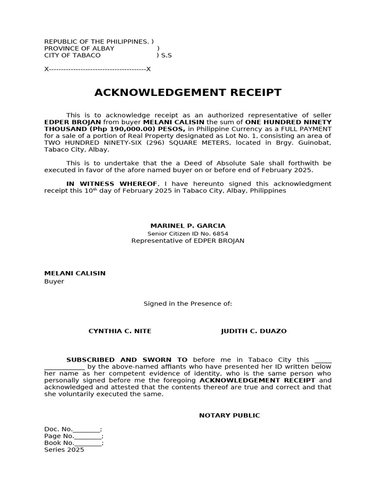Acknowledgment Receipt for Property Sale | PDF