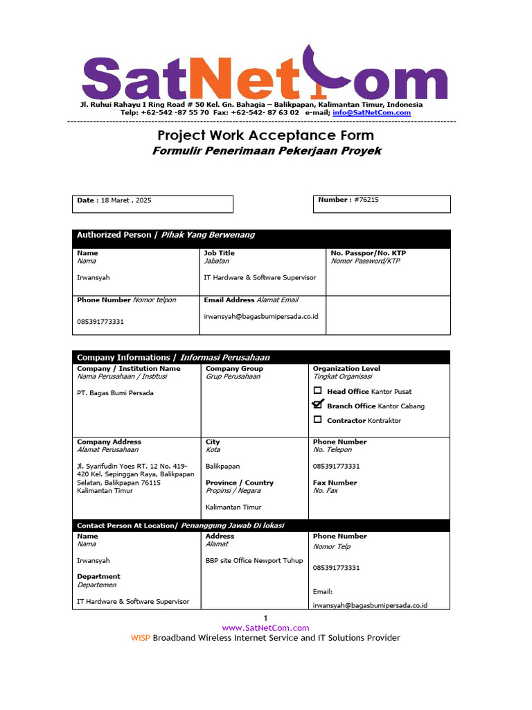 Formulir Penerimaan Proyek SatNetCom | PDF