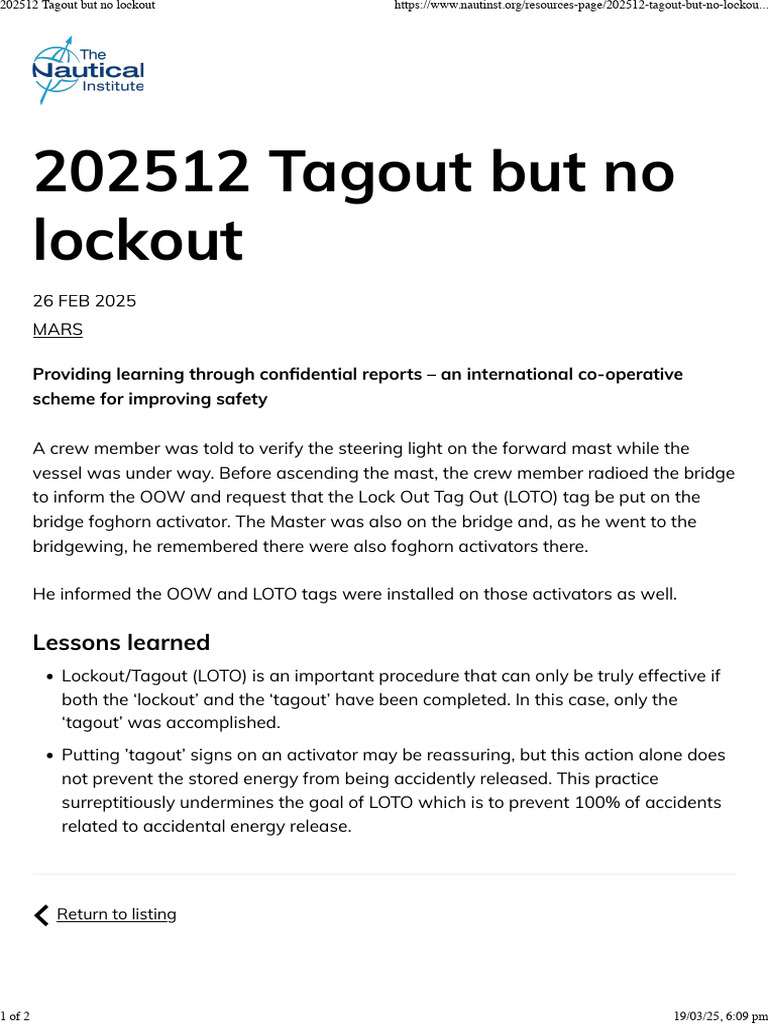 Tagout But No Lockout | PDF