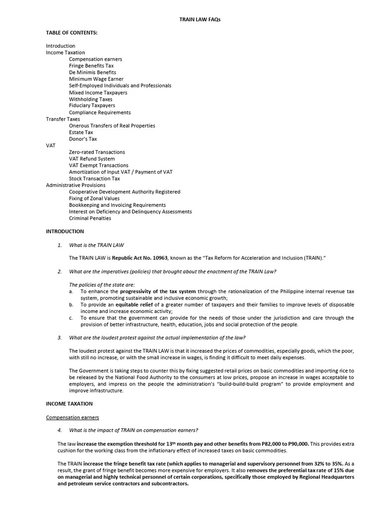 TRAIN Law Taxation FAQs Explained | PDF | Income Tax | Taxes
