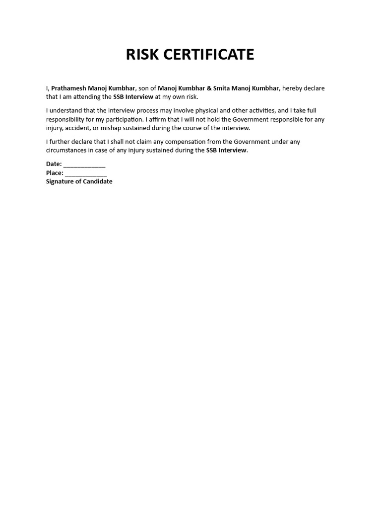 SSB Interview Risk Certificate | PDF