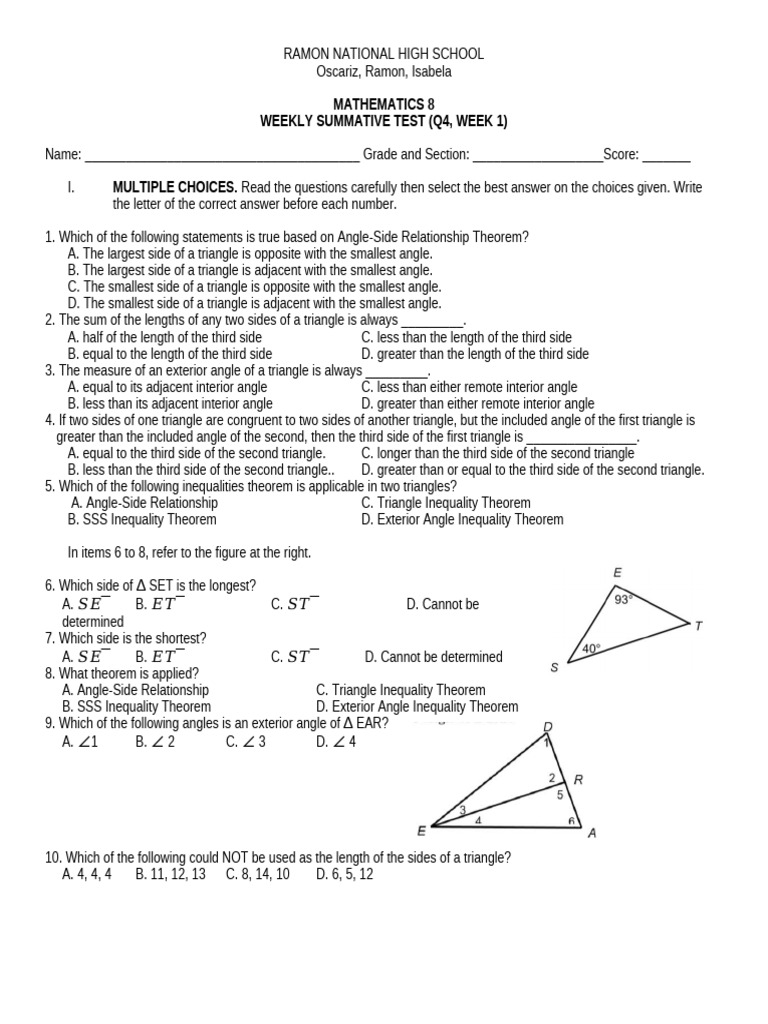 Math 8 Weekly Test: Triangle Theorems | PDF | Triangle | Angle