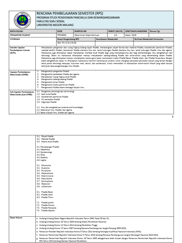 RPS Pengantar Filsafat PPKN UNM | PDF