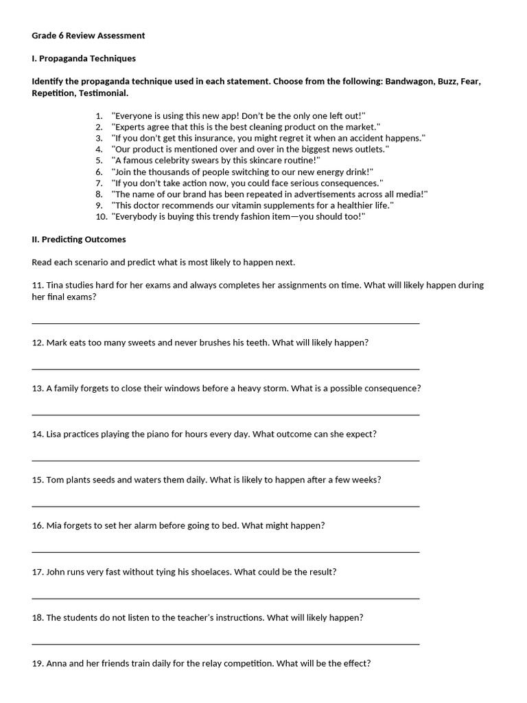 Grade 6 Propaganda And Language Review Pdf Linguistics Grammar