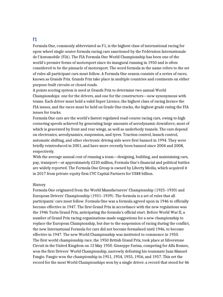 F 1 | PDF | Formula One | Fédération Internationale De L'automobile