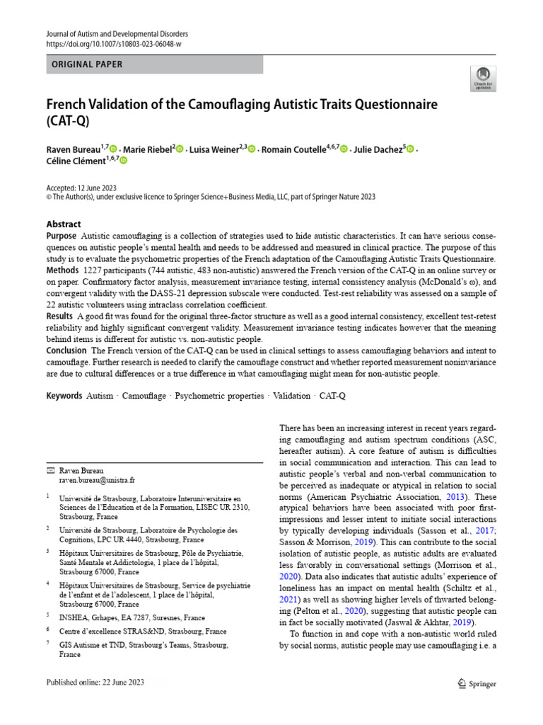 French Validation of CAT-Q for Autism | PDF | Autism | Validity ...