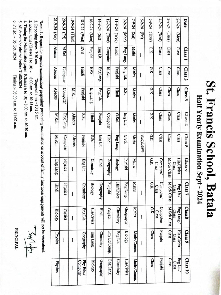 Half - Yearly Exam - 2024 (Datesheet) | PDF