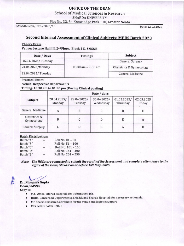 MBBS 2023: Second Internal Assessment Dates | PDF | Medical Education ...