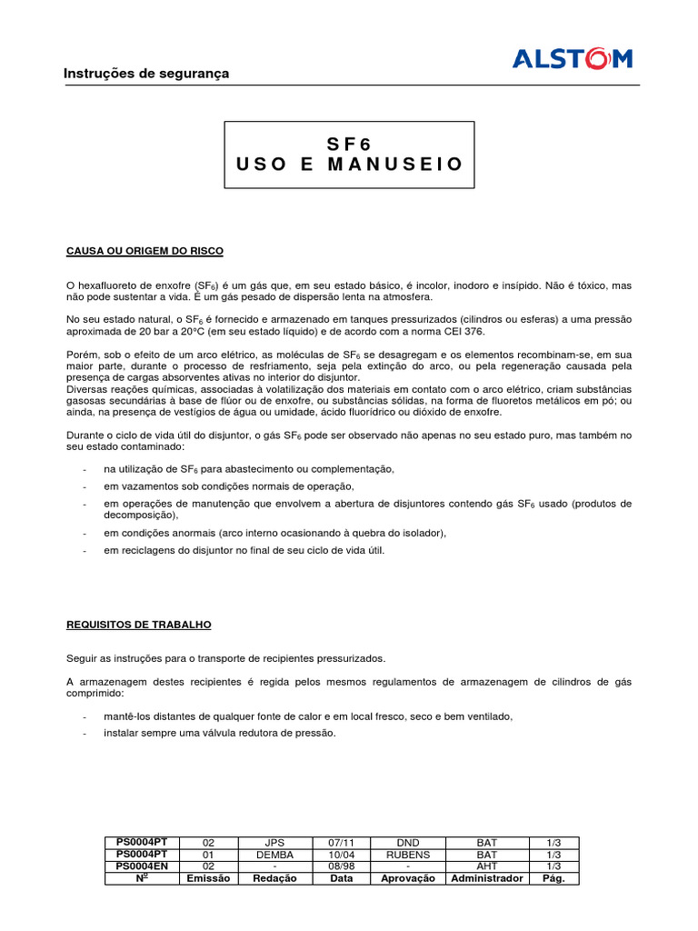 Instruções de Segurança para SF6 | PDF | Enxofre | Gases