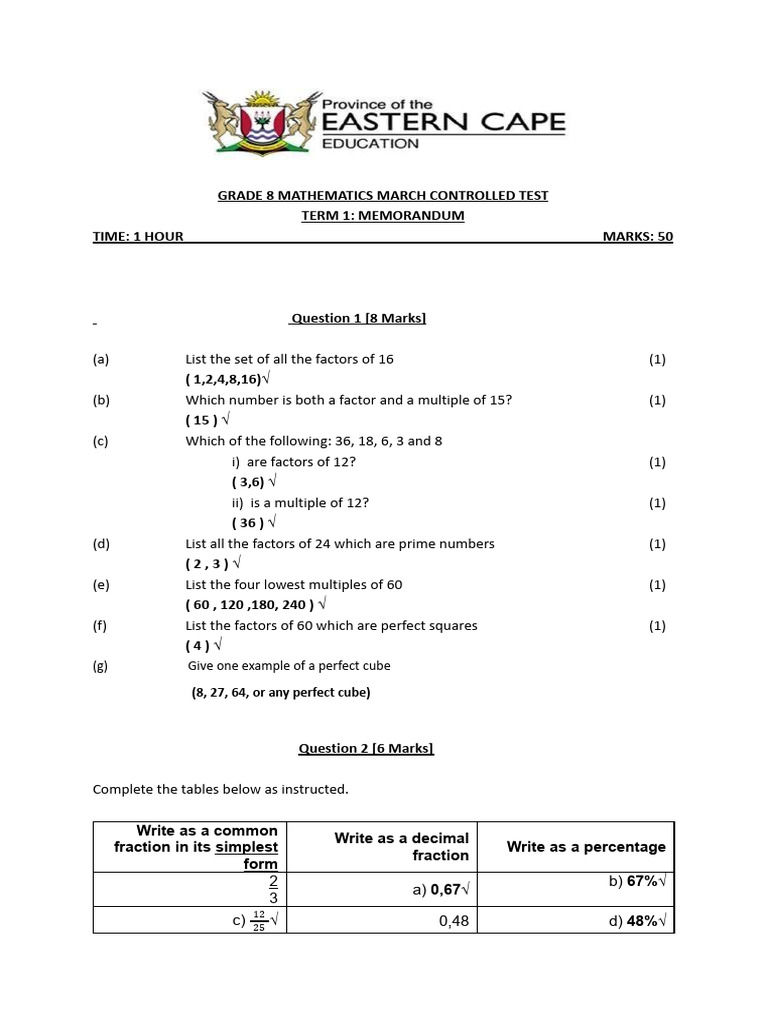 Grade 8 Mathematics Test Memorandum | PDF | Square Root | Elementary ...