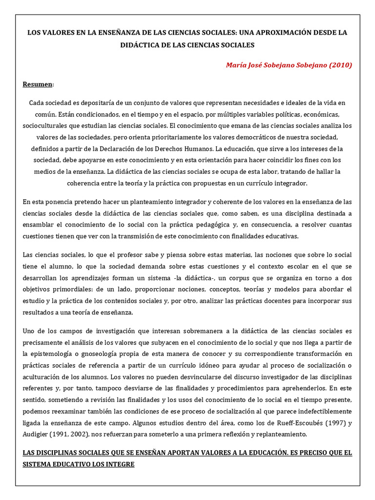 Valores en la Enseñanza de Ciencias Sociales | PDF | Conocimiento ...