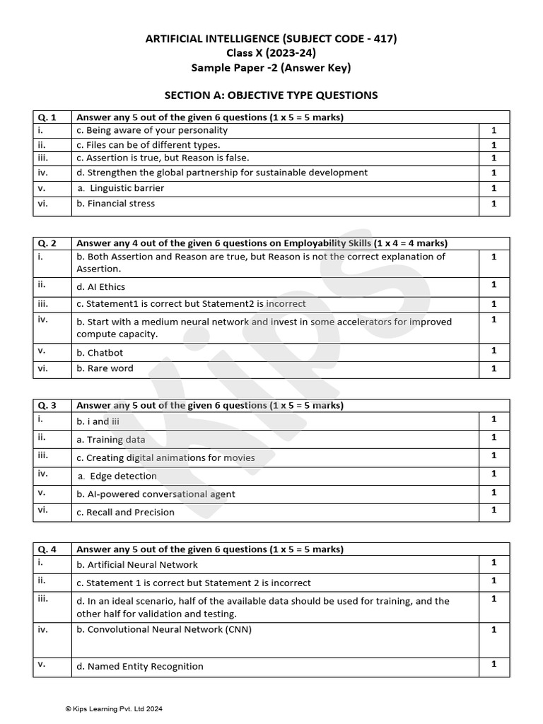 AI Class 10 Sample Paper-2 - Answer - Key | PDF | Machine Learning ...