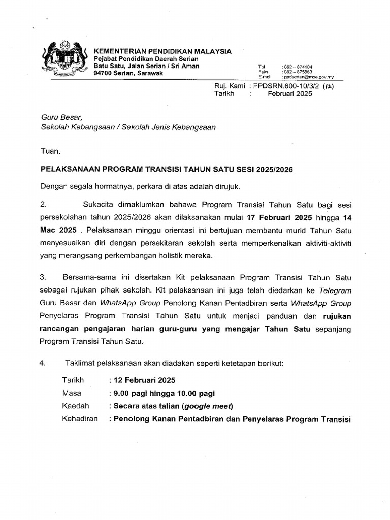 Pelaksanaan Program Transisi Tahun Satu Sesi 20252026 | PDF