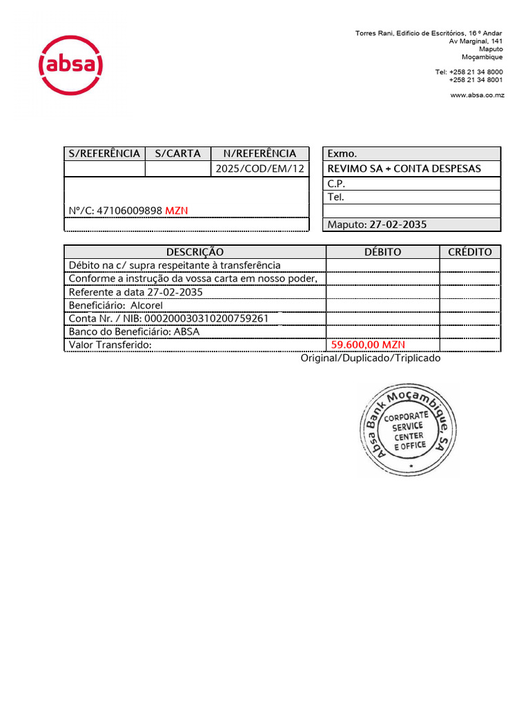 Transferência Bancária ABSA - 27/02/2035 | PDF