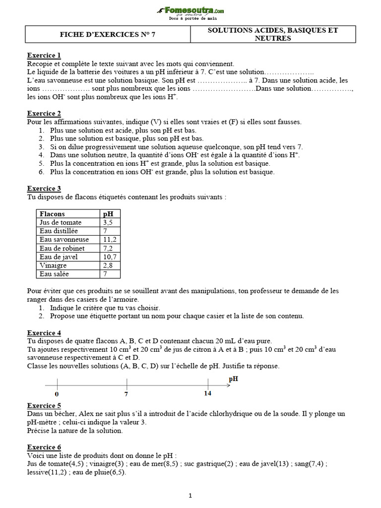 Exercices sur les solutions et pH | PDF | Ph | Acide