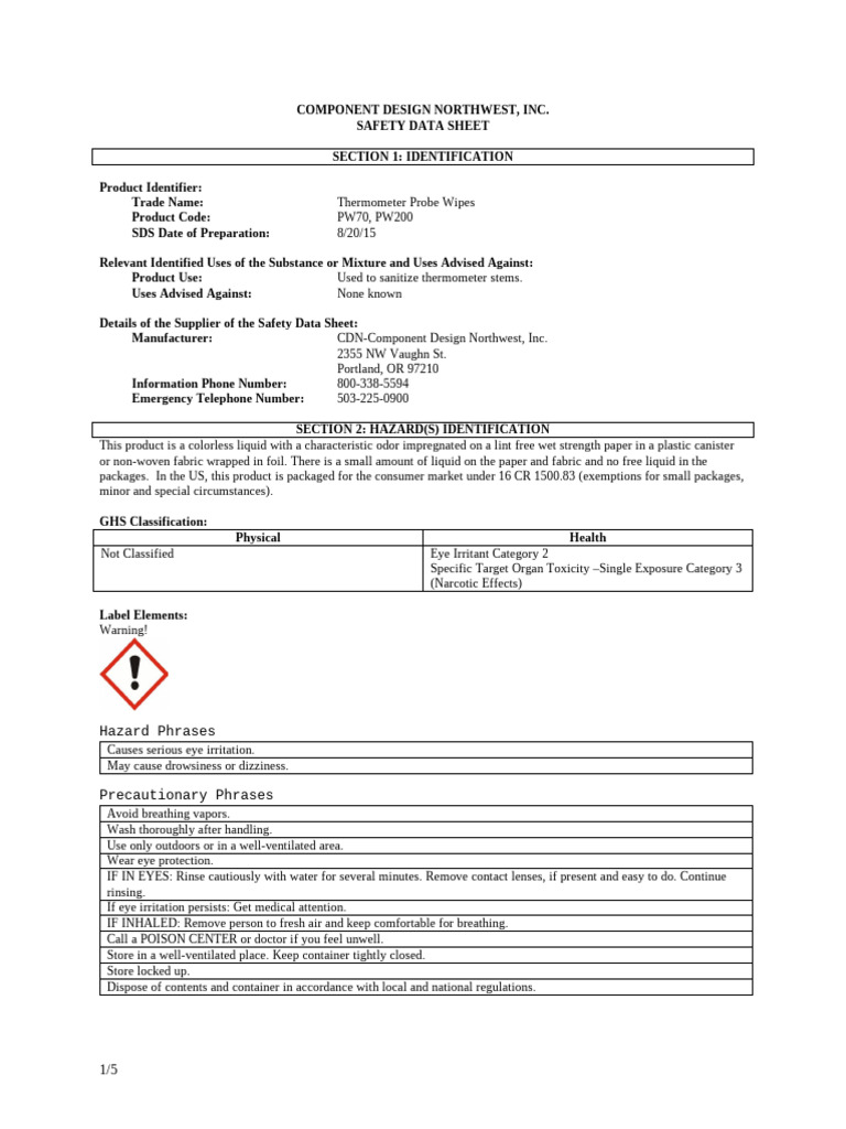 Thermometer Probe Wipes Safety Data Sheet | PDF | Occupational Safety ...