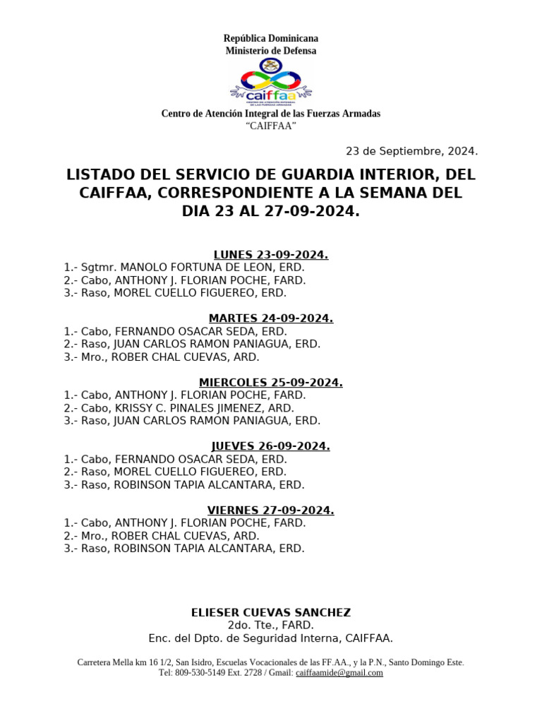 Guardia Interior CAIFFAA: 23-27 Sept 2024 | PDF