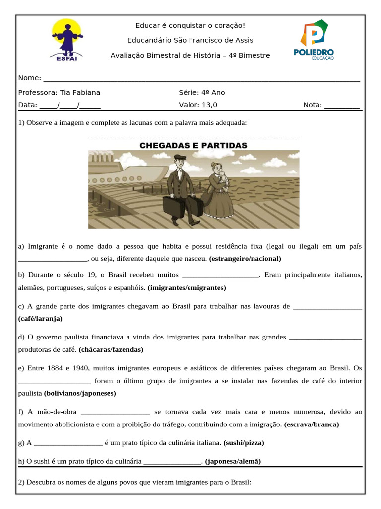 Atividades sobre Imigração no Brasil - 4º Ano | PDF | Imigração | Brasil