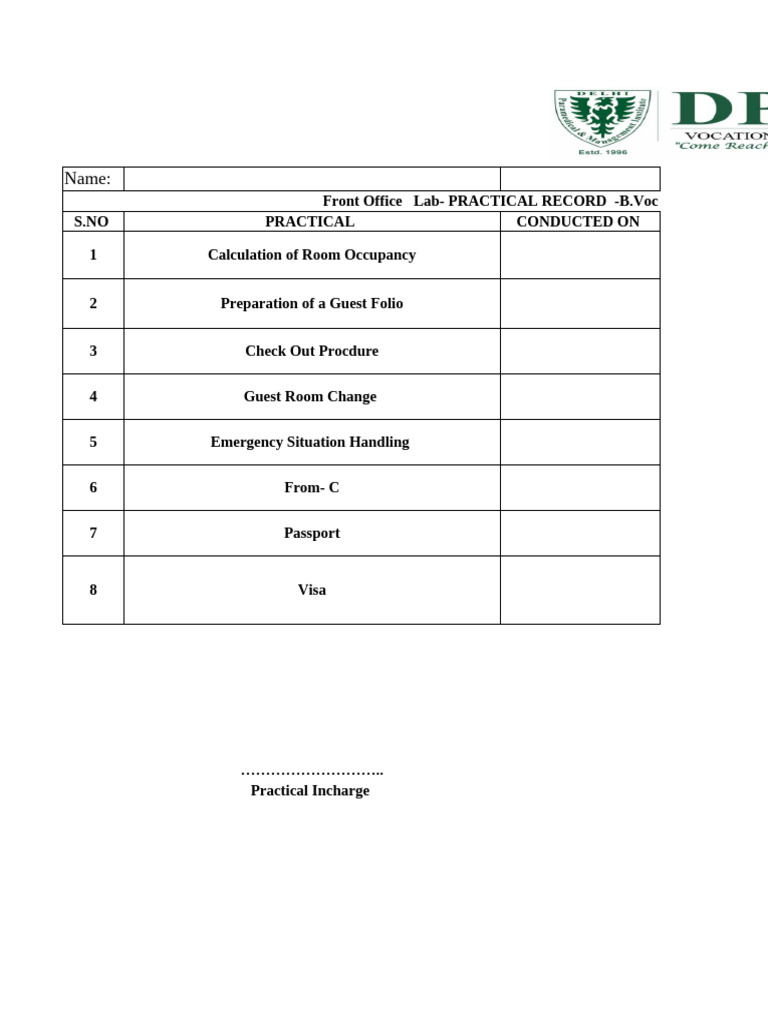 Front Office Lab Practical Record | PDF