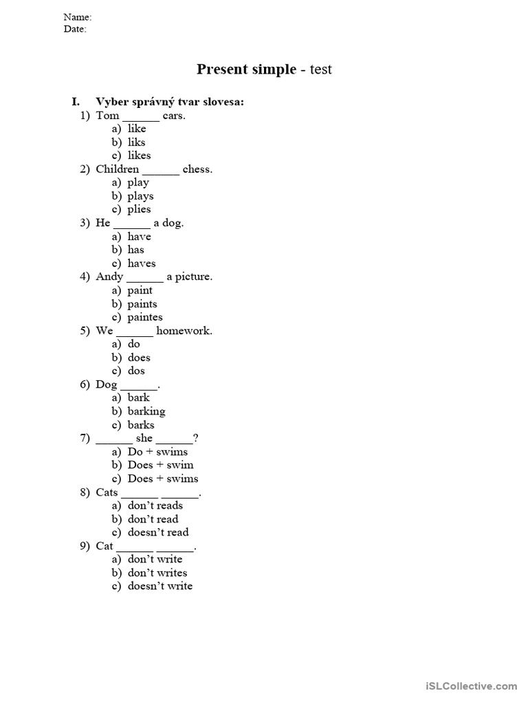 Present Simple Verb Test for Students | PDF