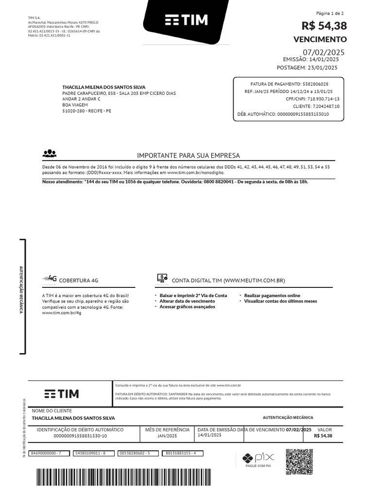 Fatura TIM - Janeiro 2025 | PDF | Indústrias de serviços
