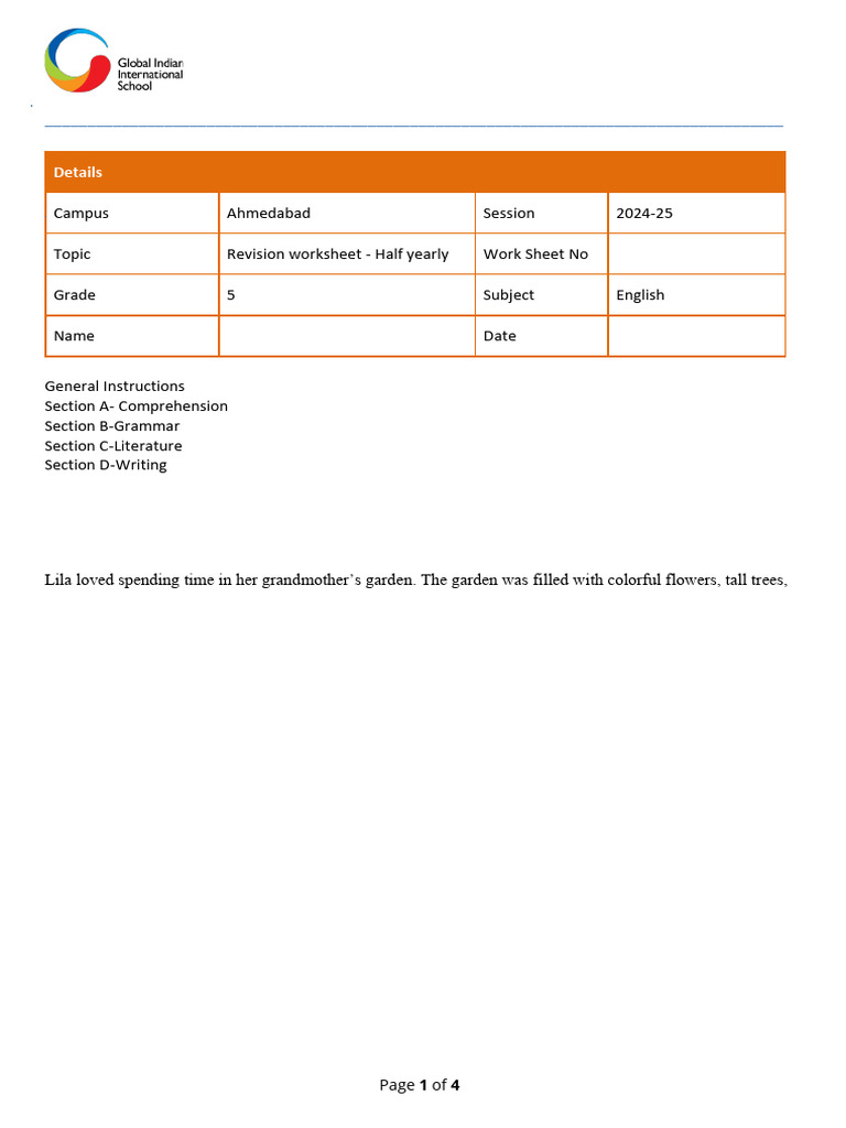 Grade 5 English Revision Worksheet | PDF | Adjective